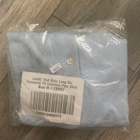 NWT LANDS' END GIRLS LONG SLEEVE FEMININE FIT INTERLOCK POLO SHIRT BLUE MEDIUM - Picture 3 of 4